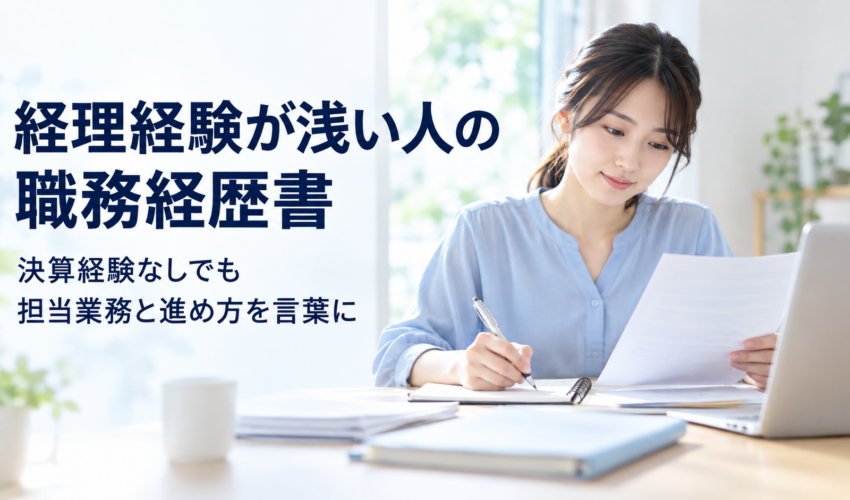 日常の経理経験を整理しながら職務経歴書を準備する架空の成人のイメージ