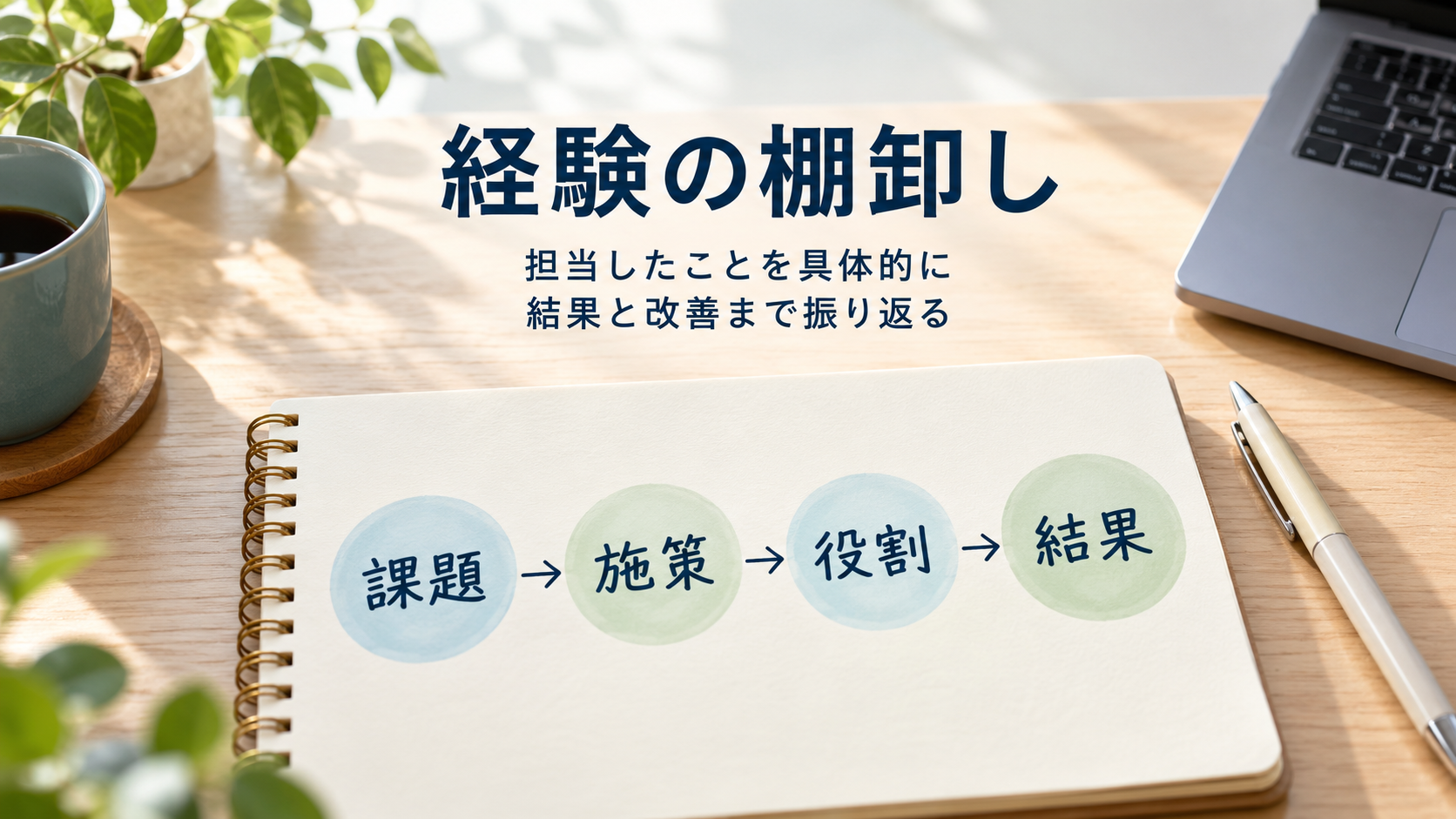 担当案件の課題、施策、自分の役割、結果をノートに整理するAI生成イメージ。