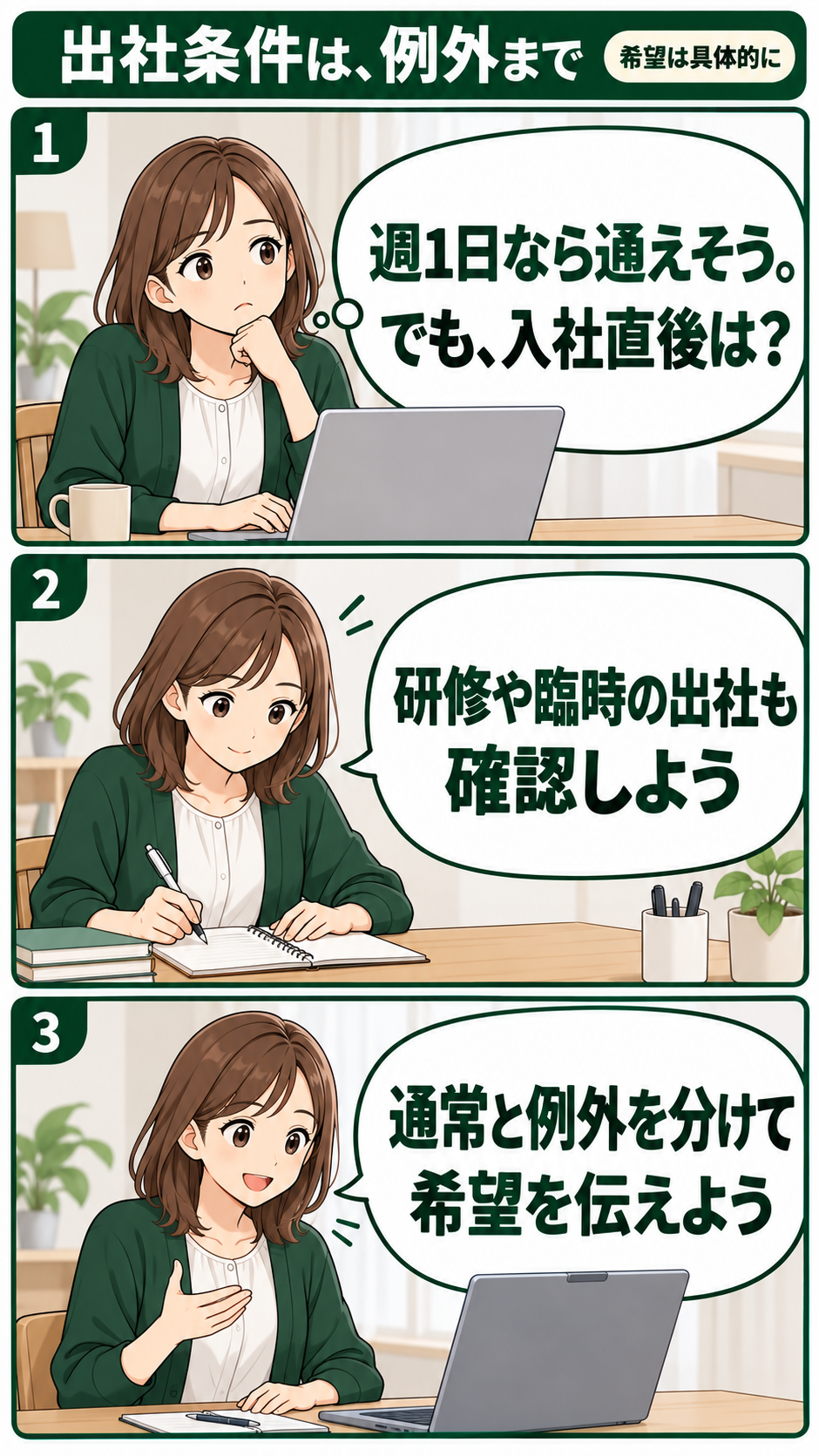 週1日の通常出社だけで判断せず、入社直後と臨時の出社も質問しようと考える架空のマーケターの創作漫画。