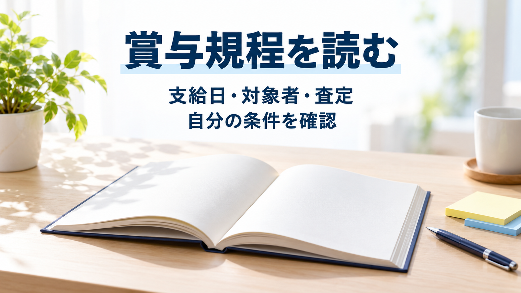 開いた資料を前に賞与規程の支給日・対象者・査定を確認するイメージ