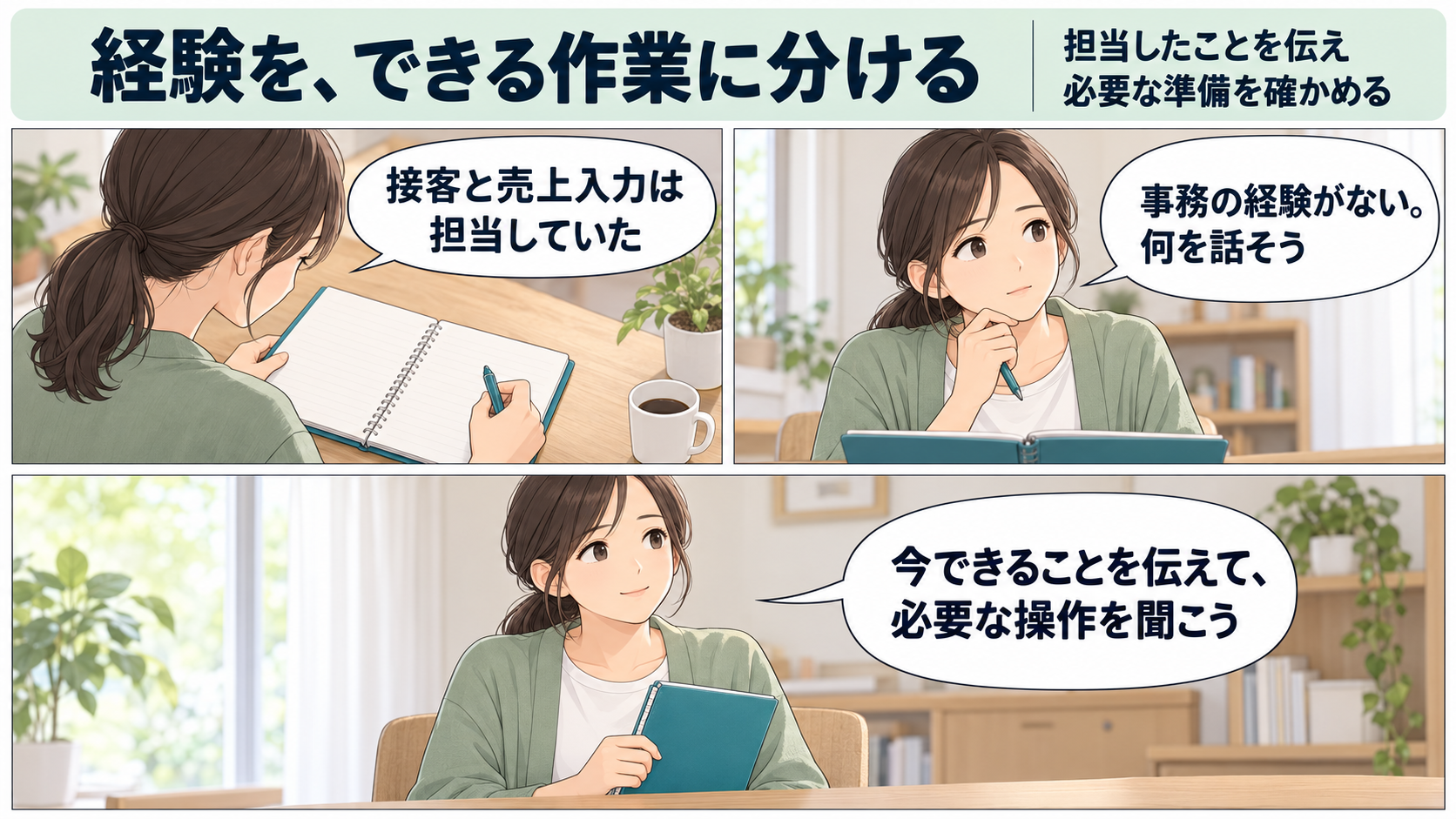 接客と売上入力の経験を整理して事務職の相談に備える架空例の漫画