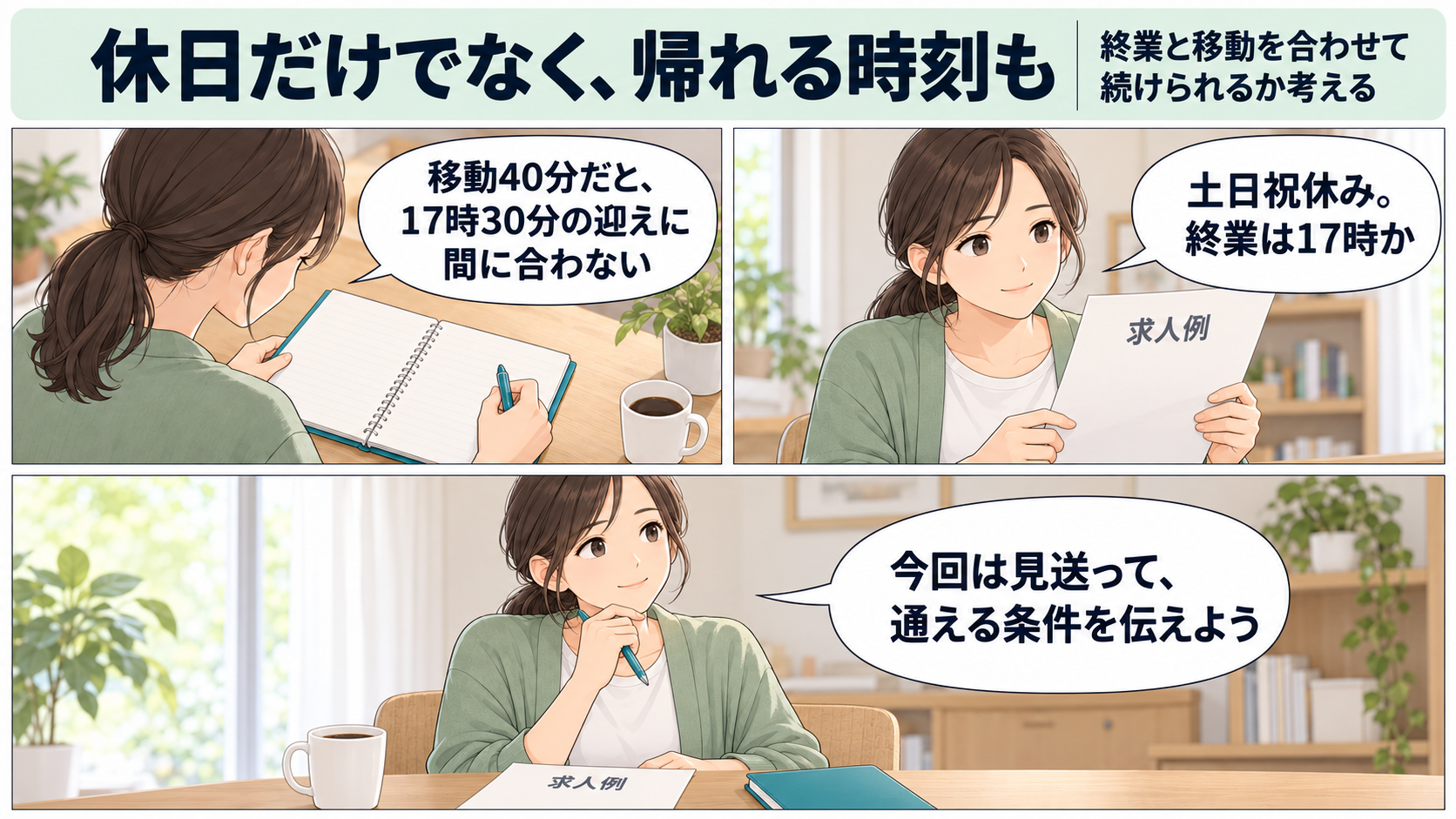 17時終業と移動40分では17時30分の迎えに間に合わず、応募を見送る架空例の漫画