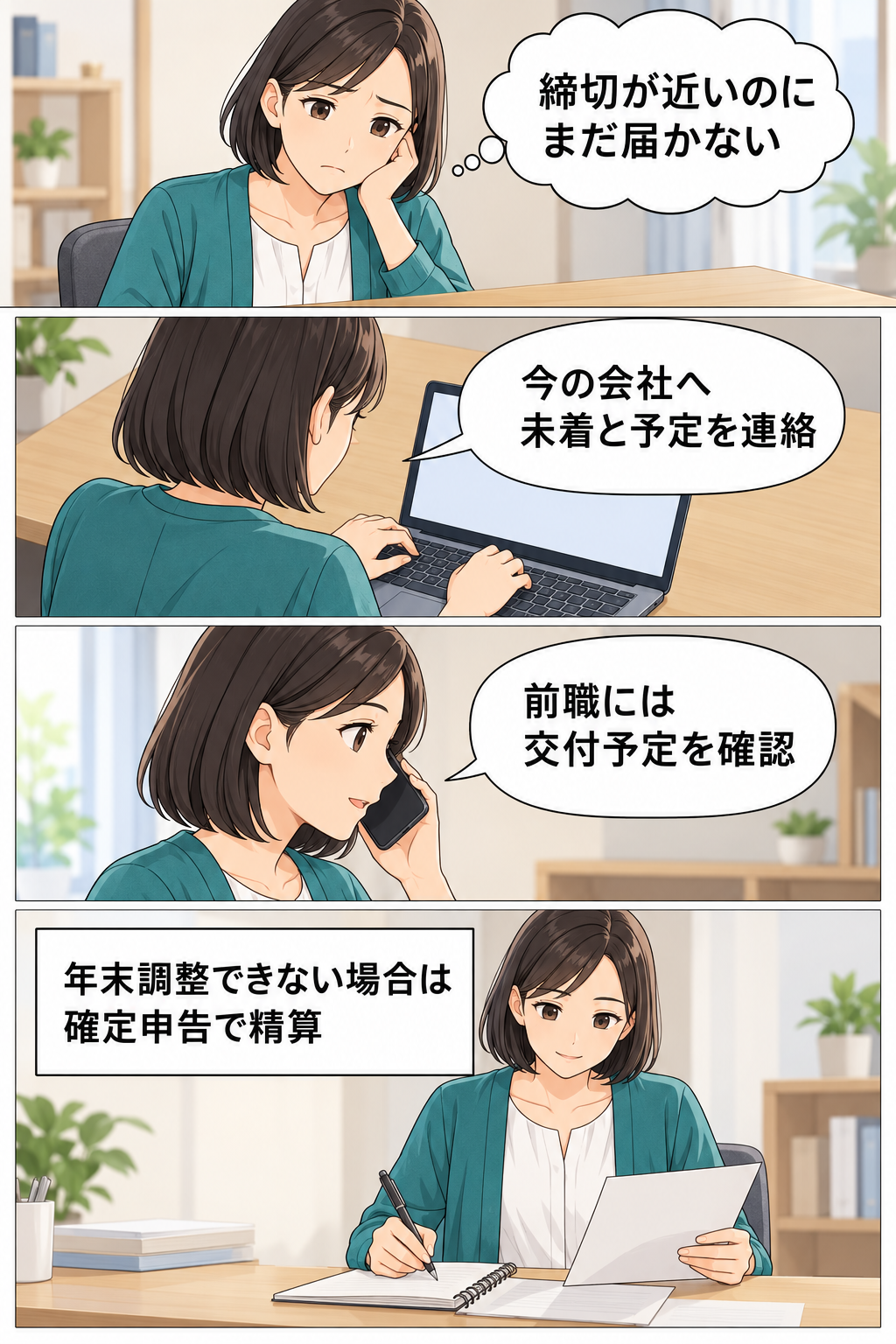締切前の未着連絡、前職への交付予定確認、年末調整できない場合の確定申告を説明する4コマ漫画