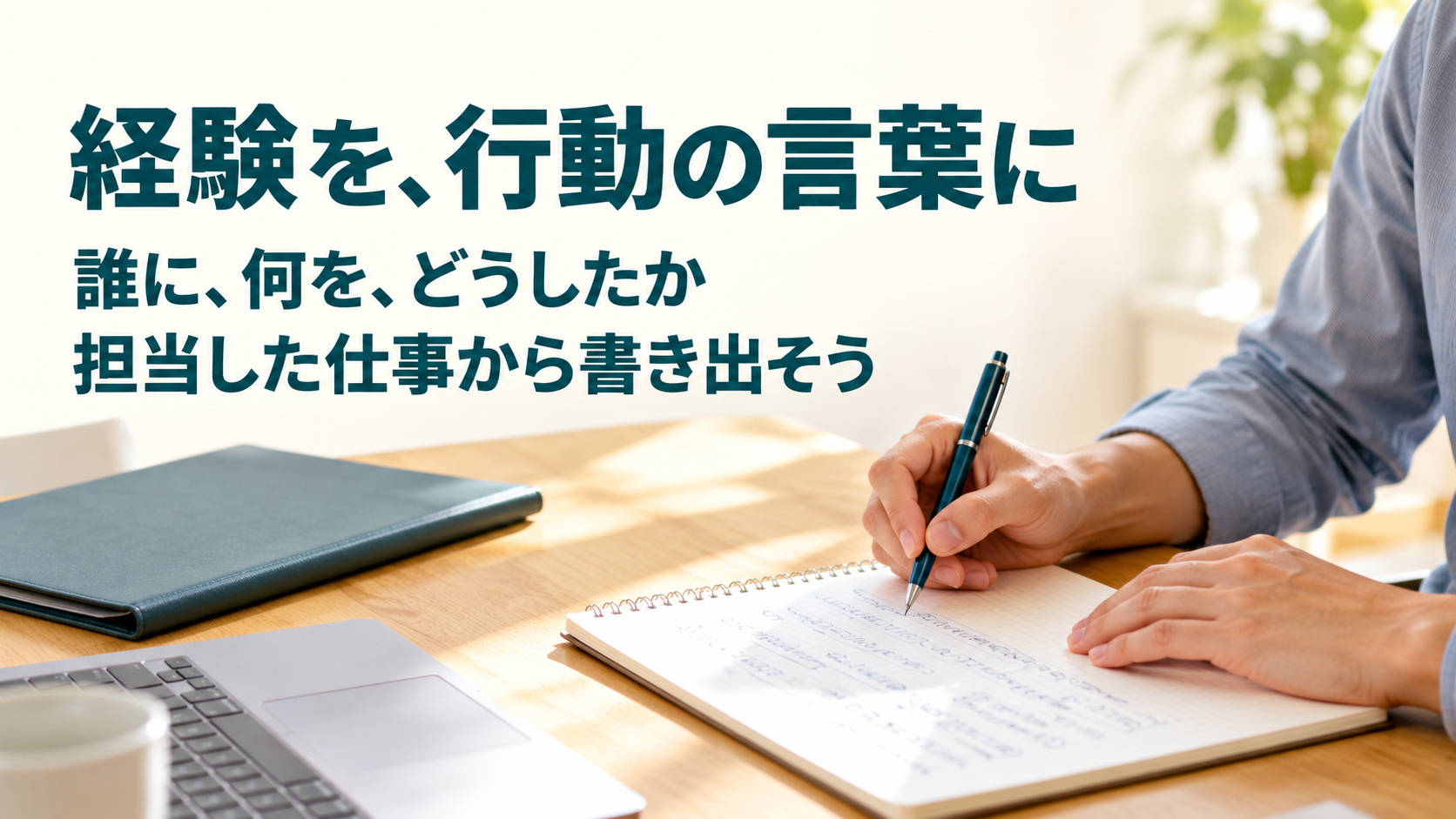ノートに担当した仕事を書き出す手元。誰に何をどうしたか、経験を行動の言葉に整理する