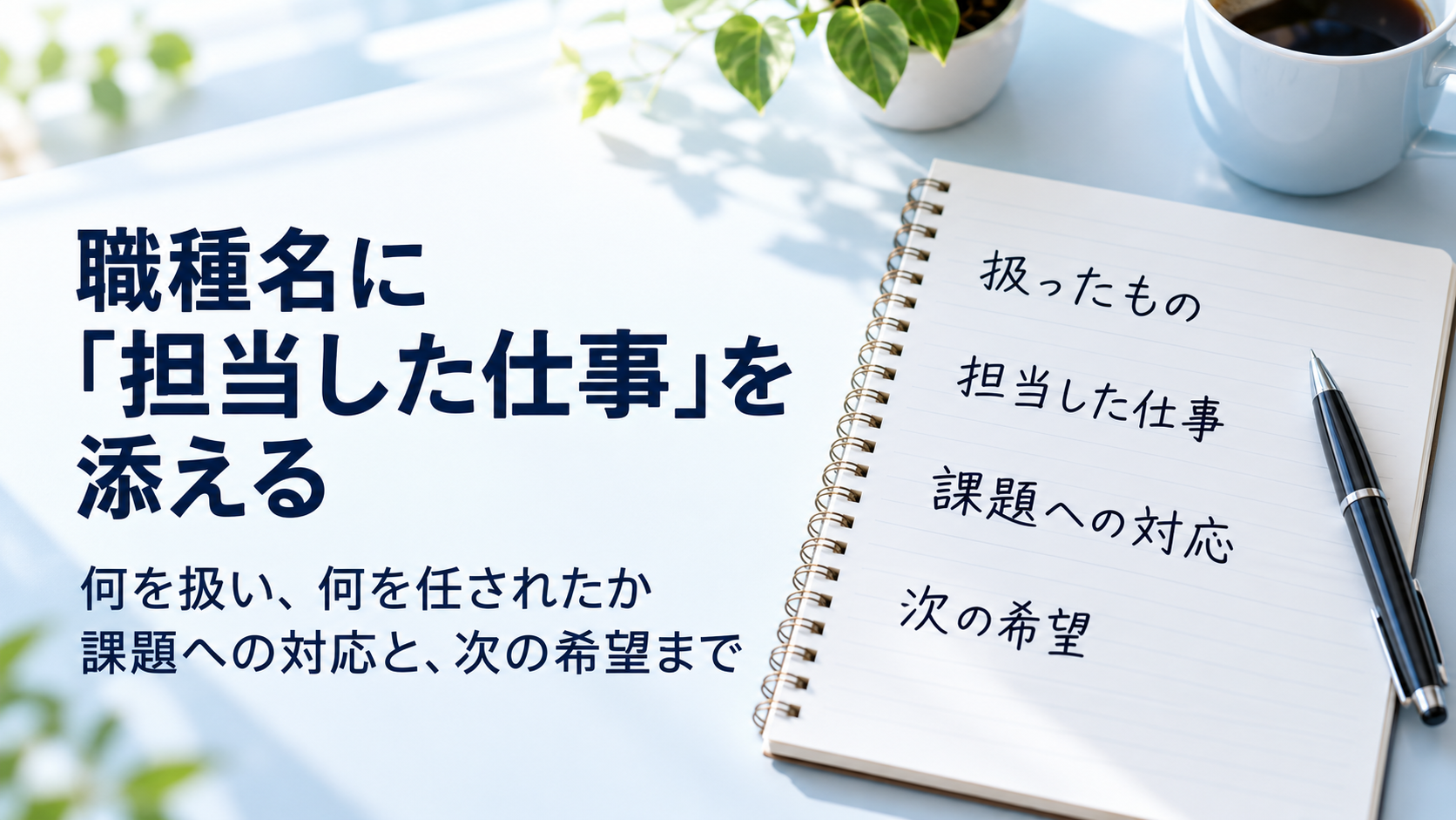 担当した仕事と今後の希望を、一冊のノートに整理する例