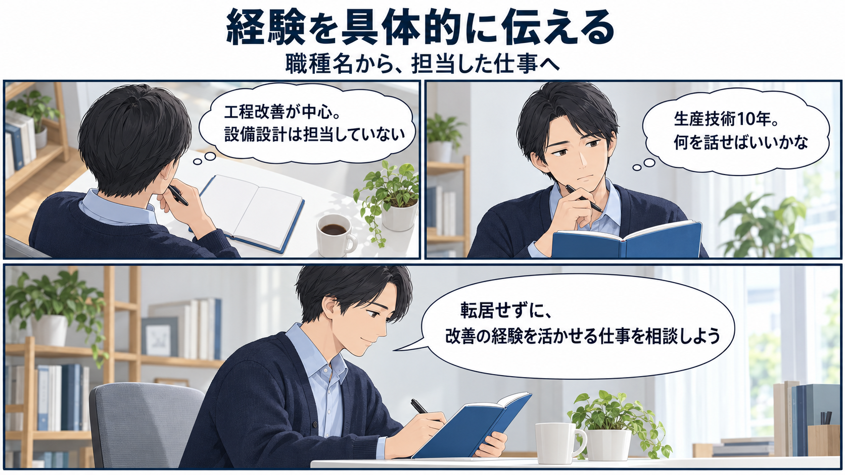 生産技術という職種名から、自分の担当業務と希望条件を整理する架空の相談準備漫画