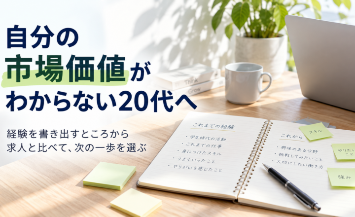 経験の整理と求人との比較から市場価値を考えるための、ノートと文具の生成イメージ。