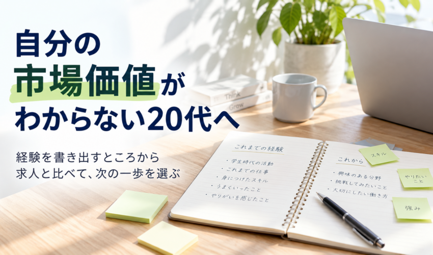 経験の整理と求人との比較から市場価値を考えるための、ノートと文具の生成イメージ。