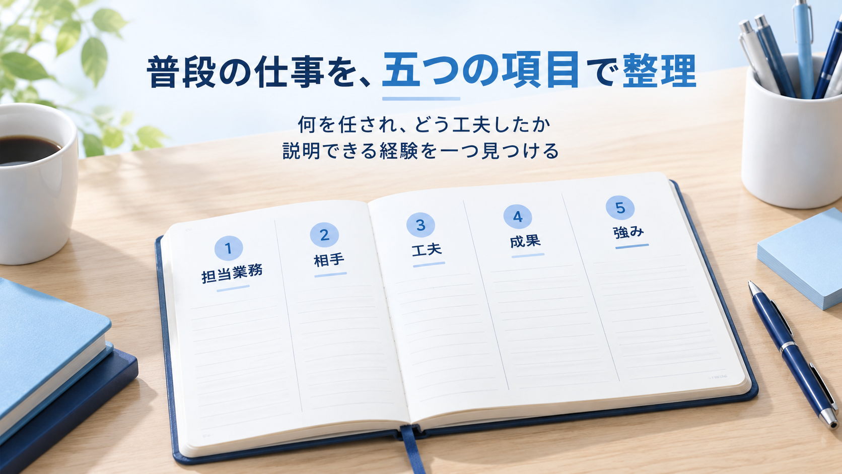 担当業務、相手、工夫、成果、強みの五項目で経験を整理するノートの生成イメージ。