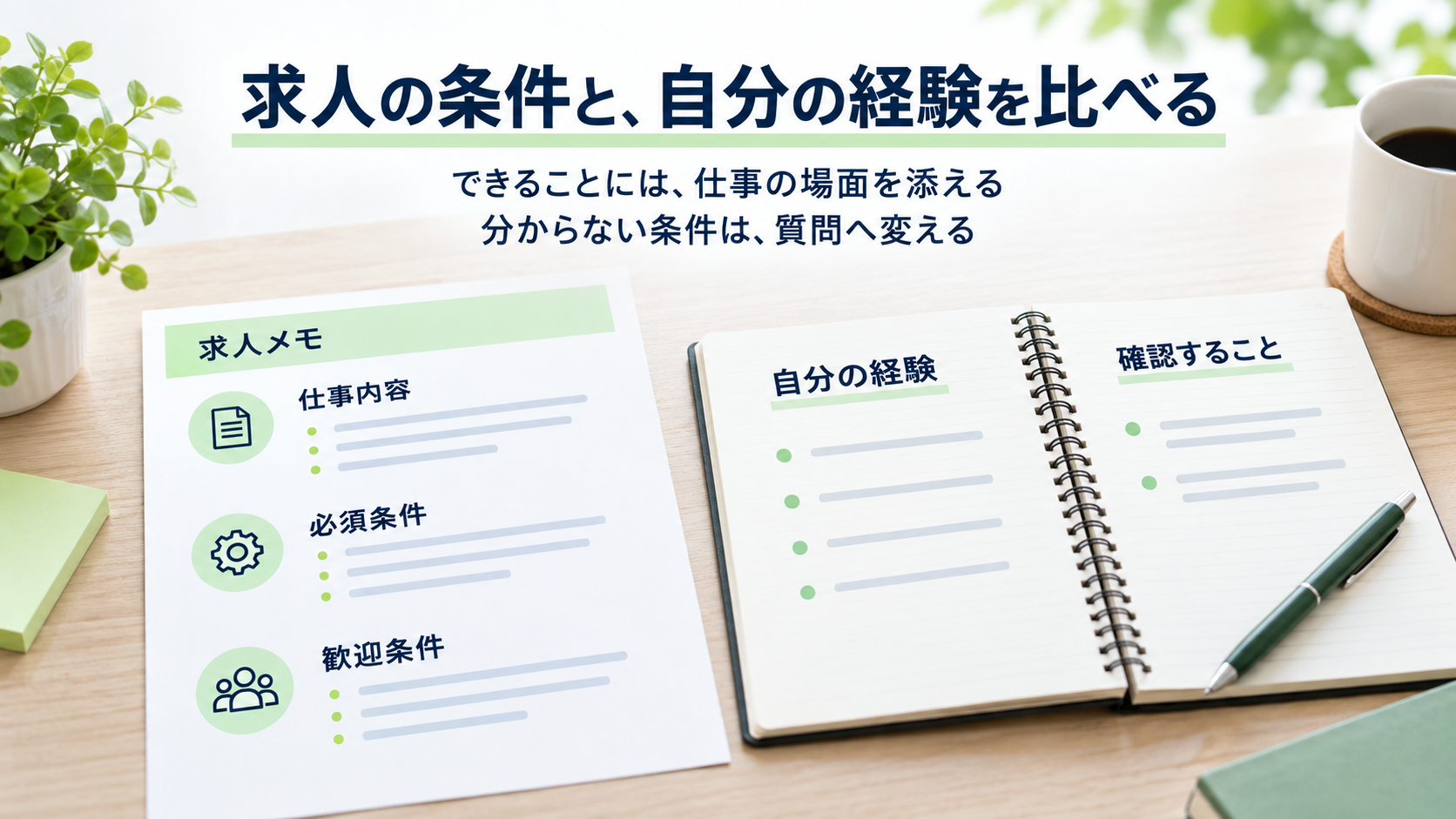 架空の求人メモの仕事内容、必須条件、歓迎条件と、自分の経験を照合する生成イメージ。