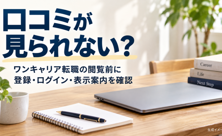 ワンキャリア転職の口コミ閲覧前に登録・ログイン・表示案内を確かめることを伝える、机上の生成イメージ。