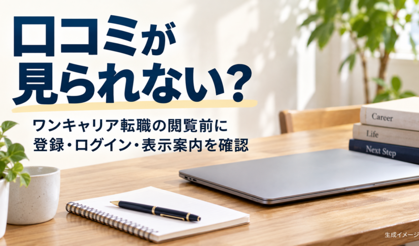 ワンキャリア転職の口コミ閲覧前に登録・ログイン・表示案内を確かめることを伝える、机上の生成イメージ。