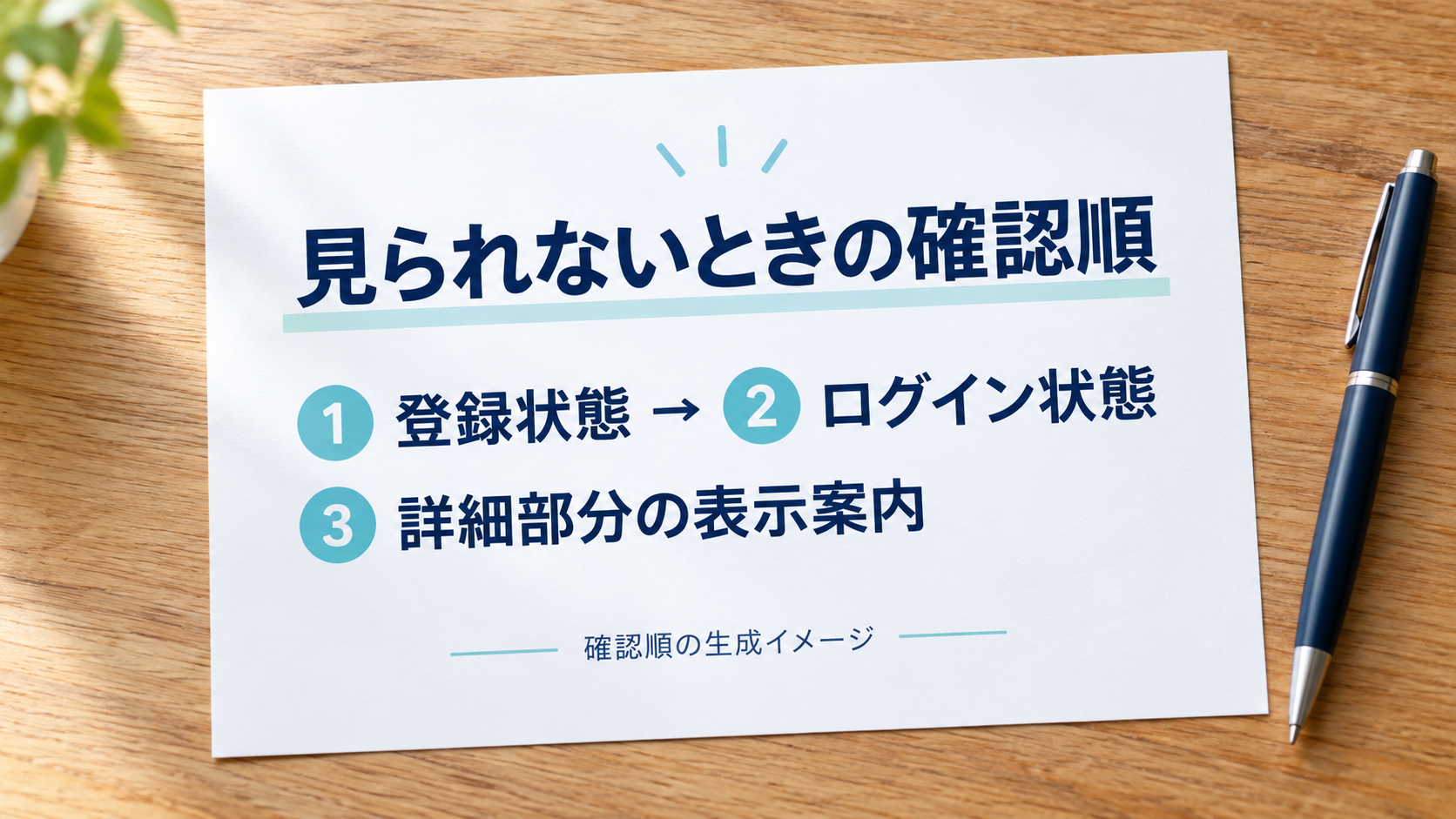 登録状態、ログイン状態、詳細部分の表示案内という確認順を示す生成イメージ。