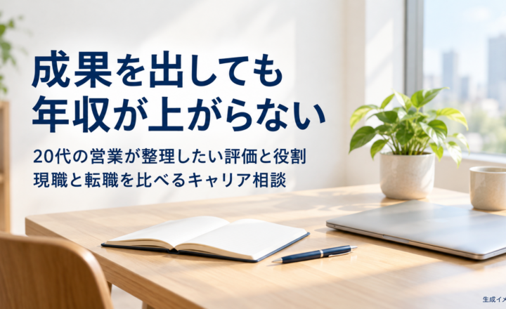 営業の評価と年収に迷う20代が、現職と転職を比較するためのキャリア相談記事を示す、机とノートの生成イメージ。