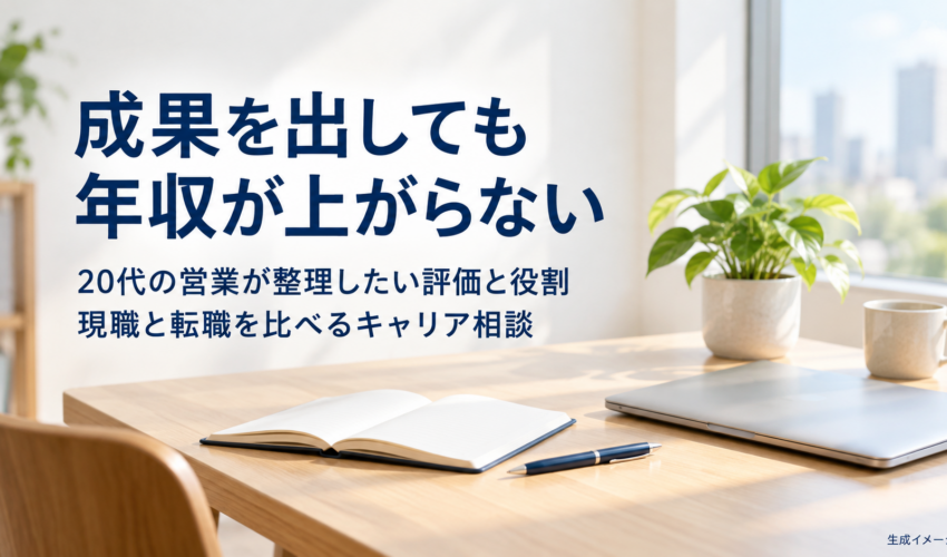 営業の評価と年収に迷う20代が、現職と転職を比較するためのキャリア相談記事を示す、机とノートの生成イメージ。