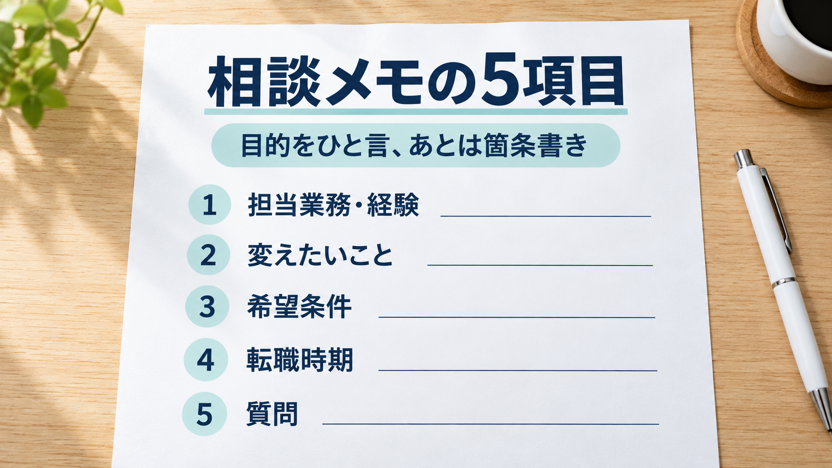 担当業務・経験、変えたいこと、希望条件、転職時期、質問を整理する相談メモの5項目