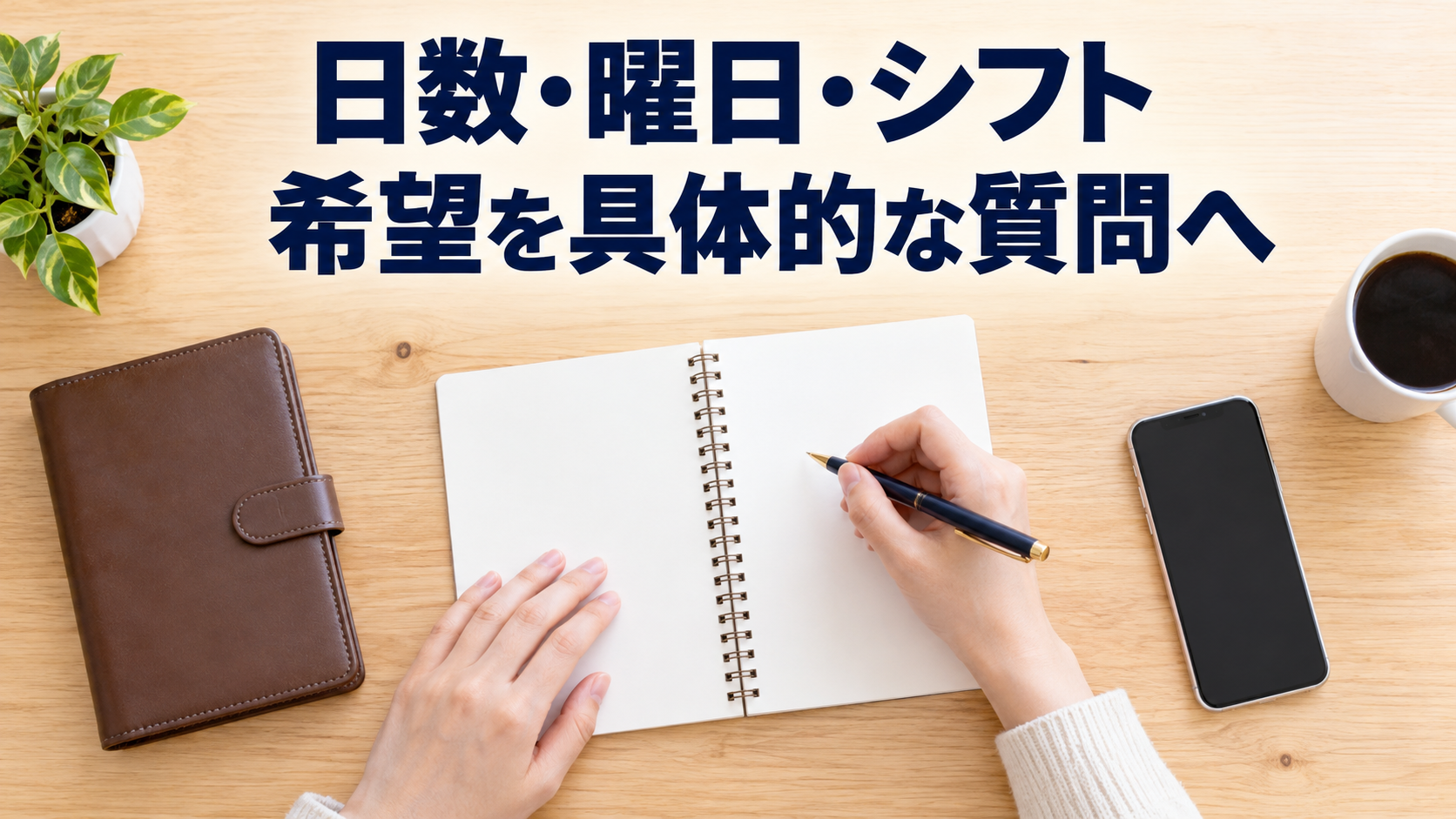 休日日数・曜日・シフトの希望をノートで整理する手元のAI生成イメージ