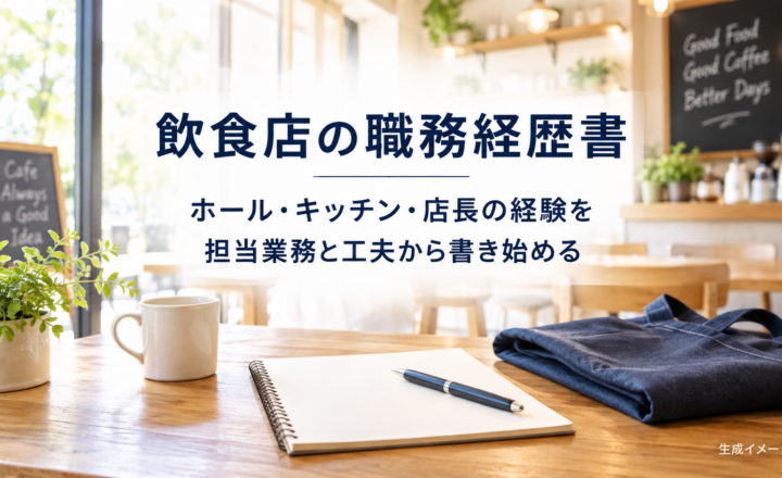 飲食経験を職務経歴書へ整理することを伝える、カフェの机上の生成イメージ。