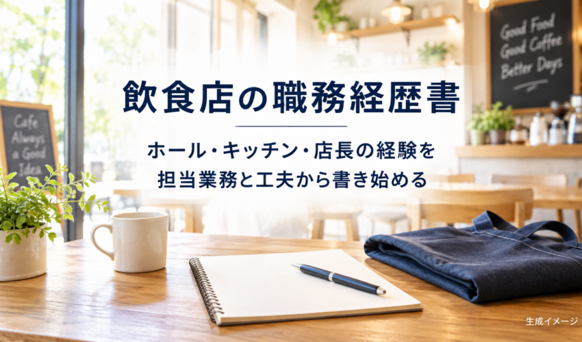飲食経験を職務経歴書へ整理することを伝える、カフェの机上の生成イメージ。
