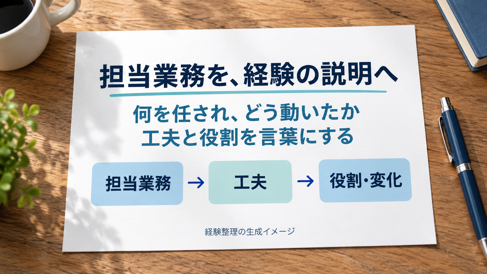 担当業務に工夫と役割や変化を添えて経験を説明する流れを示す生成イメージ。