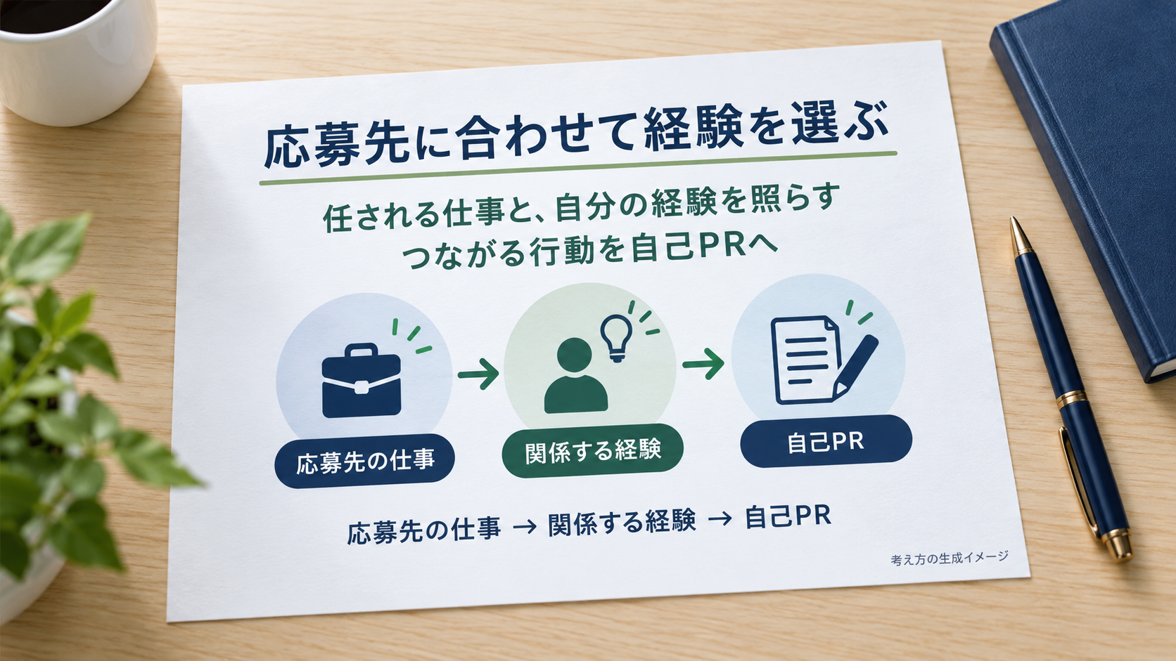 応募先の仕事に関係する経験を選び、自己PRへつなげる考え方を示す生成イメージ。
