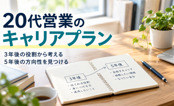 営業の経験から3年後と5年後の計画を考えるノートと文具のAI生成イメージ。