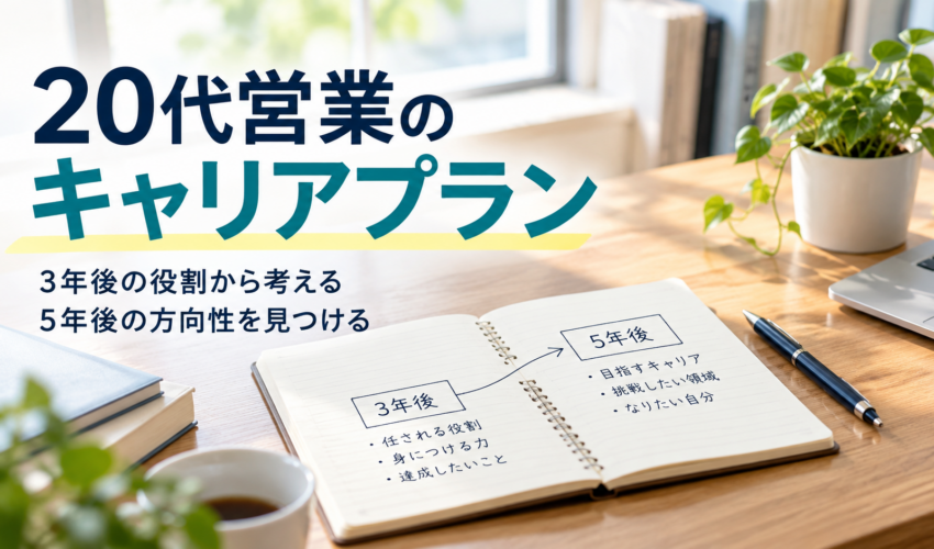 営業の経験から3年後と5年後の計画を考えるノートと文具のAI生成イメージ。