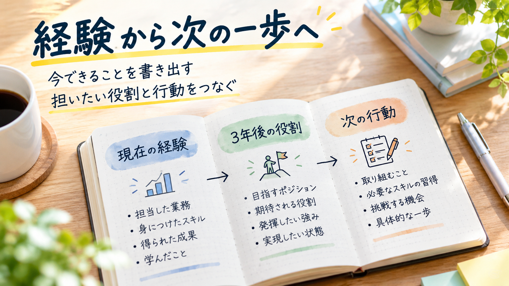 現在の経験、3年後の役割、次の行動を整理するノートのAI生成イメージ。