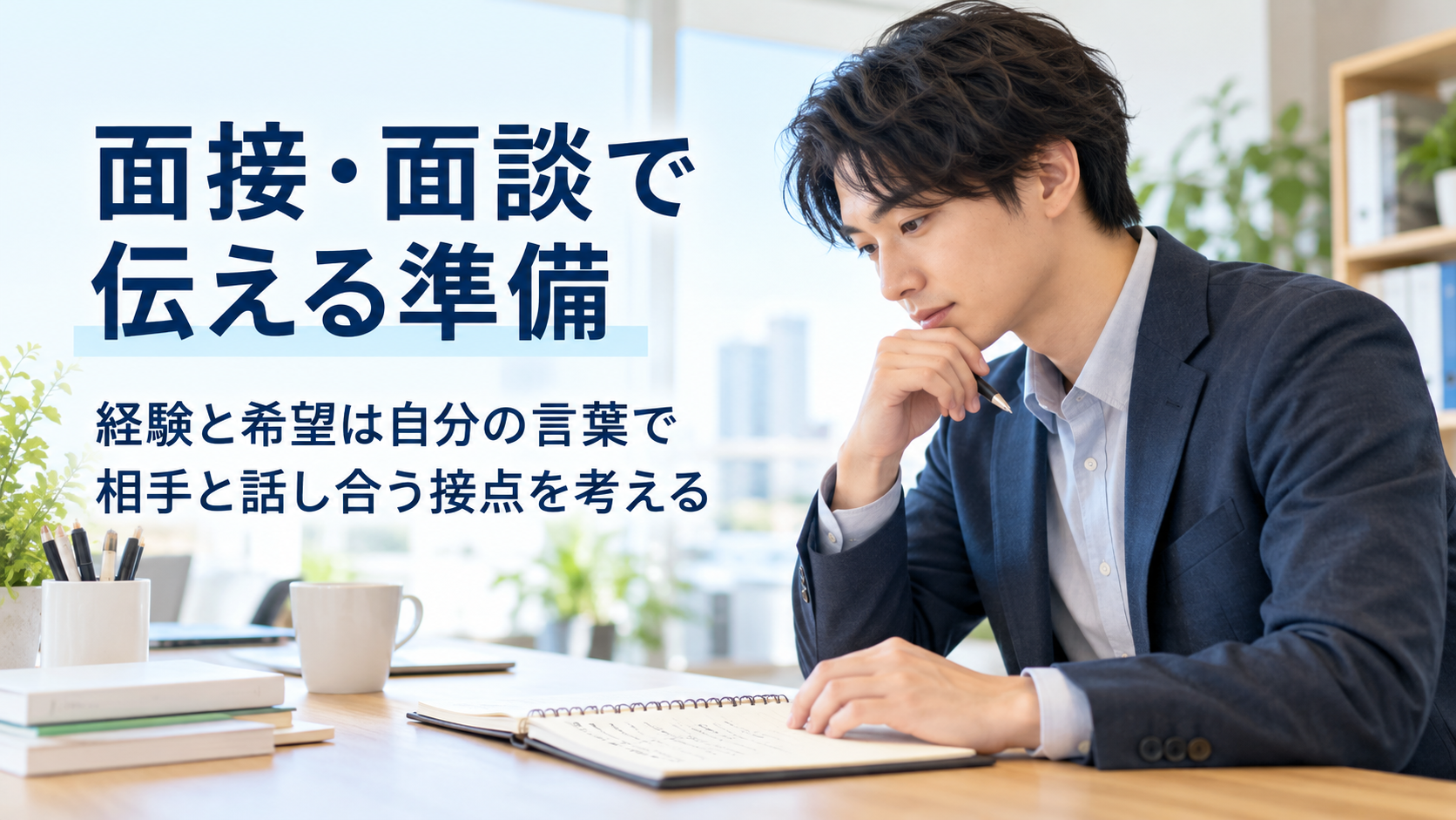 面接や社内面談へ向け経験と希望をノートに整理する架空の成人のAI生成イメージ。
