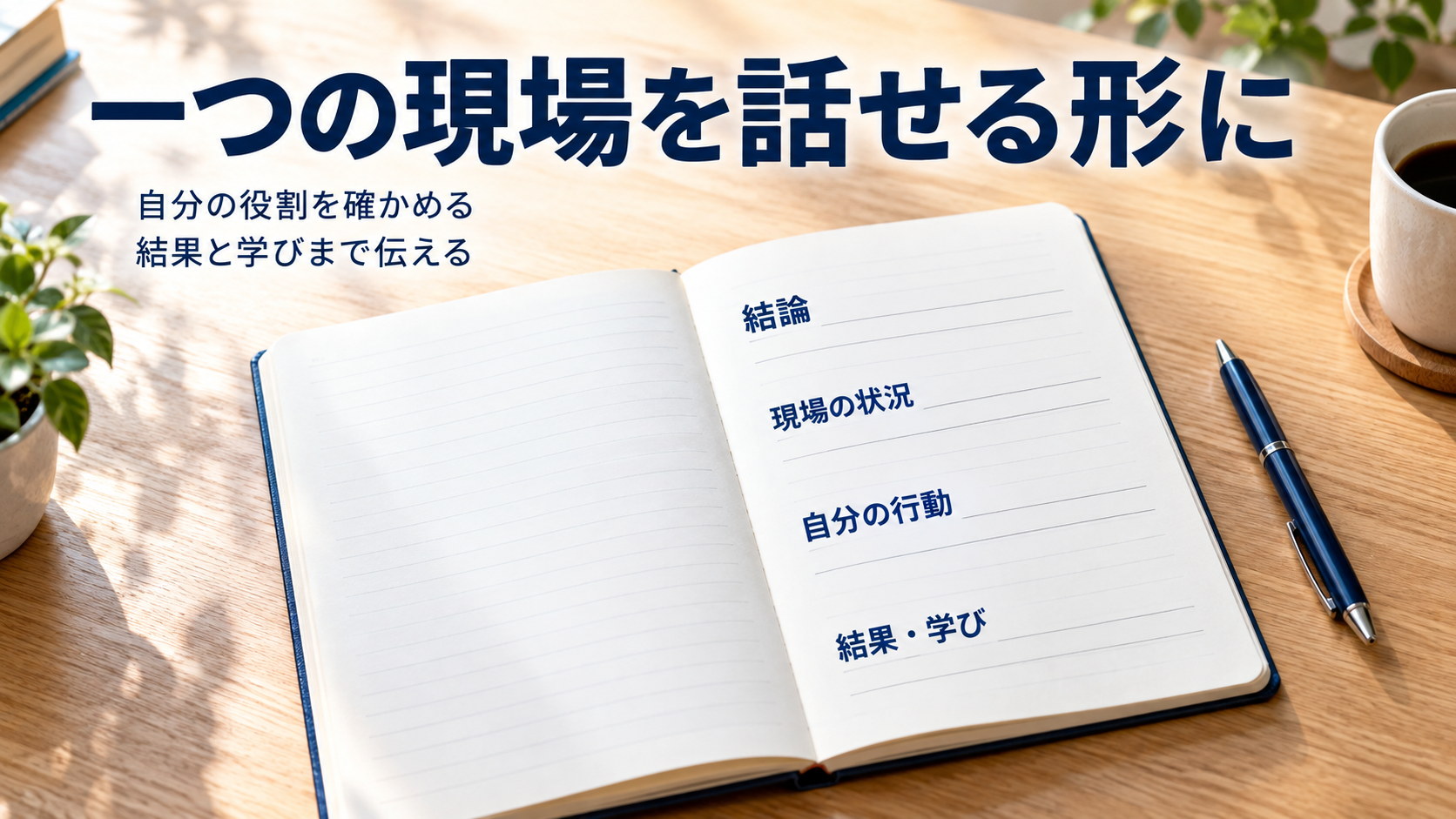結論、現場の状況、自分の行動、結果・学びを一冊のノートに整理するAI生成イメージ