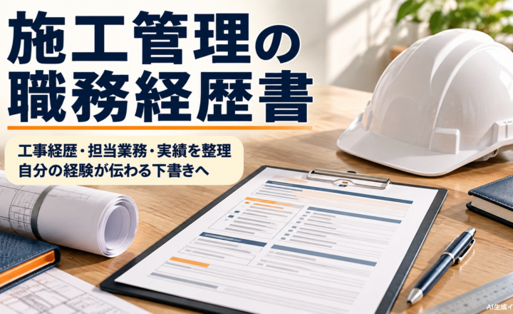 工事経歴のシートと筆記具を机に並べ、施工管理の職務経歴書を整理するAI生成イメージ