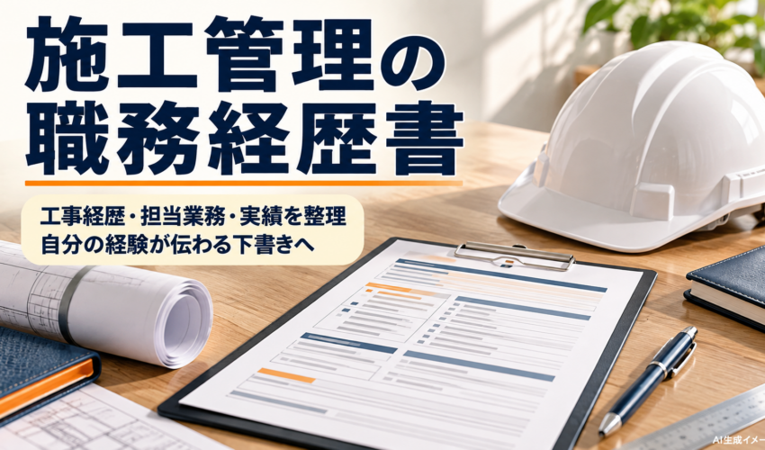 工事経歴のシートと筆記具を机に並べ、施工管理の職務経歴書を整理するAI生成イメージ