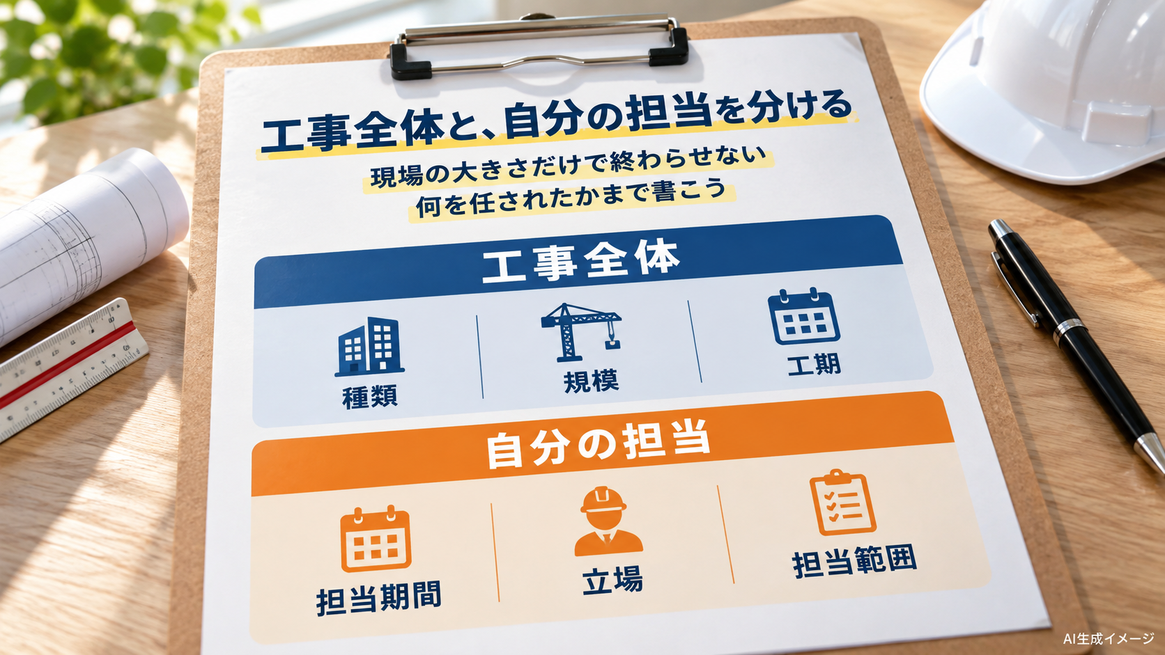 工事全体の種類・規模・工期と、自分の担当期間・立場・担当範囲を区別するAI生成イメージ