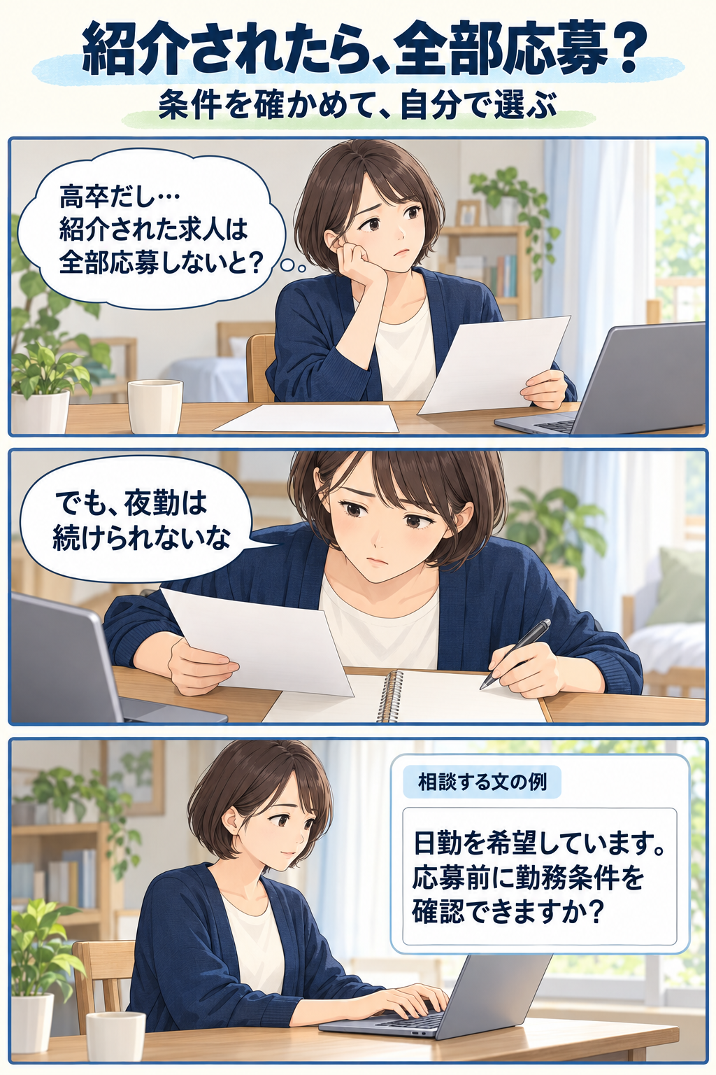 紹介された求人へ全部応募する必要はないと考え、夜勤が難しい希望を伝えて応募前の勤務条件を確認する架空の相談場面