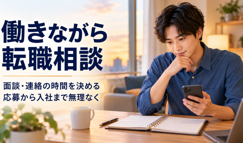 帰宅後に面談と連絡の時間を考える、在職中の転職相談を表すAI生成イメージ。