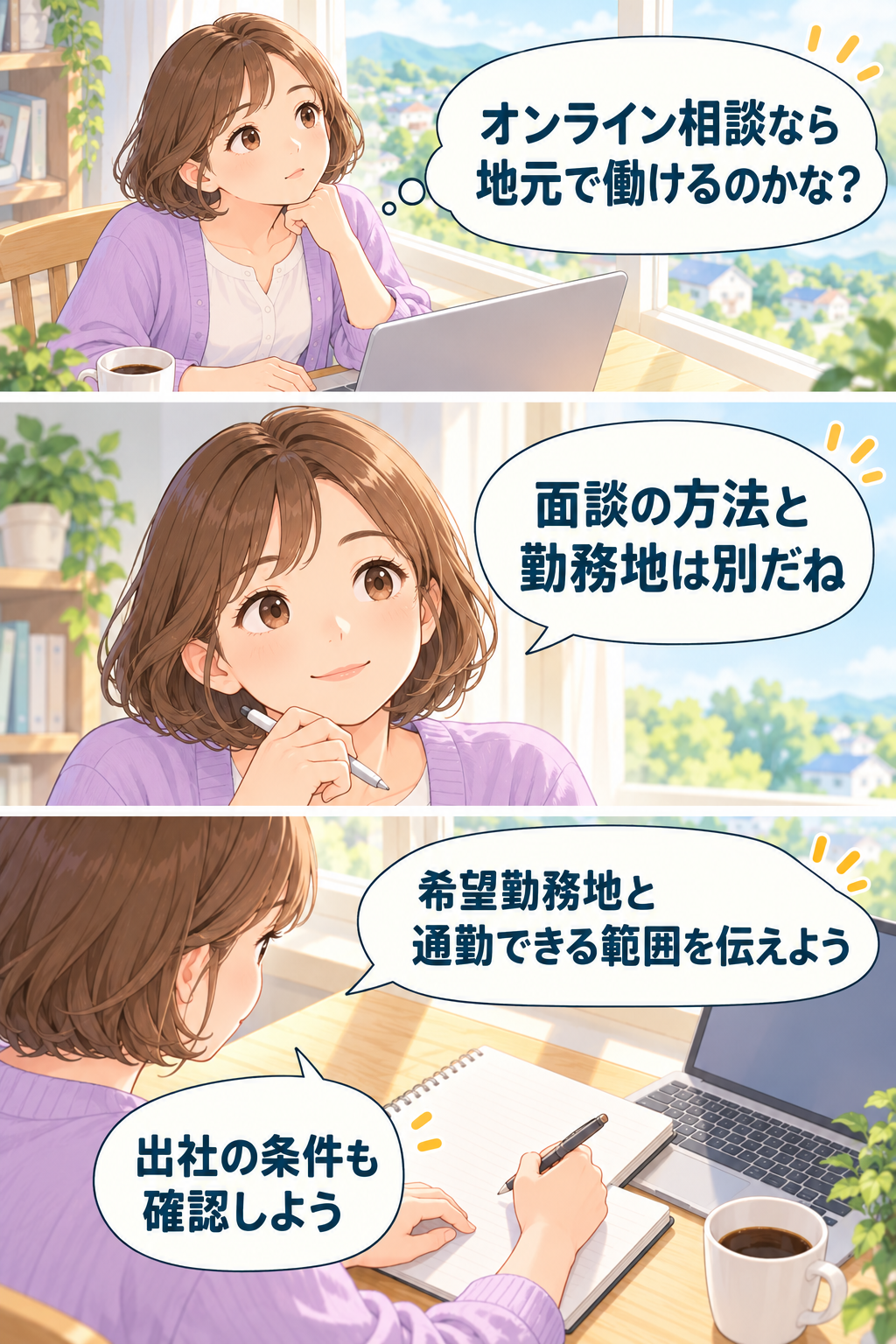 オンライン相談と求人の勤務地を分け、通勤や出社条件を確認する3コマ漫画