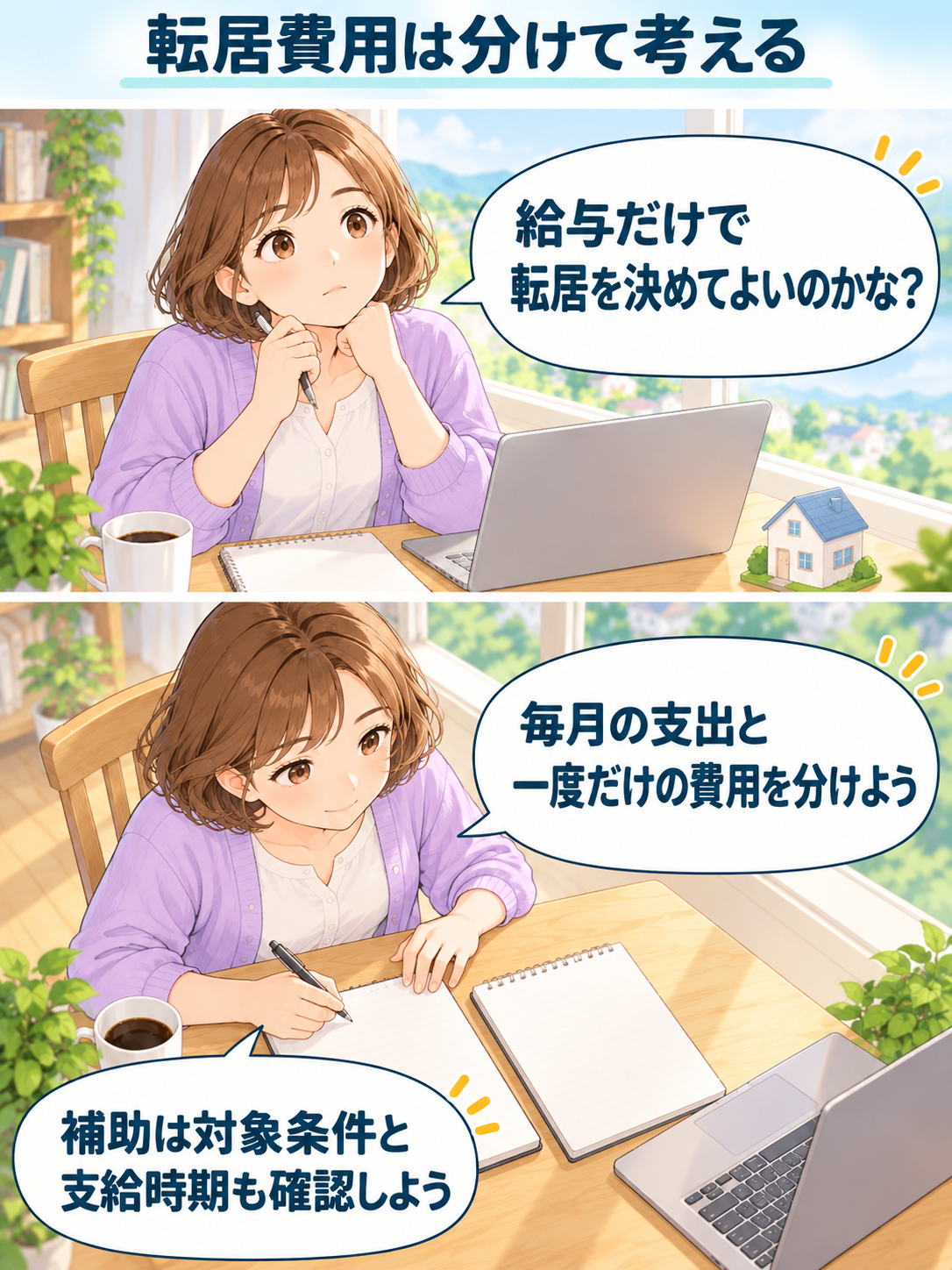 毎月の支出と転居時の一時費用、補助の条件や支給時期を分けて考える2コマ漫画