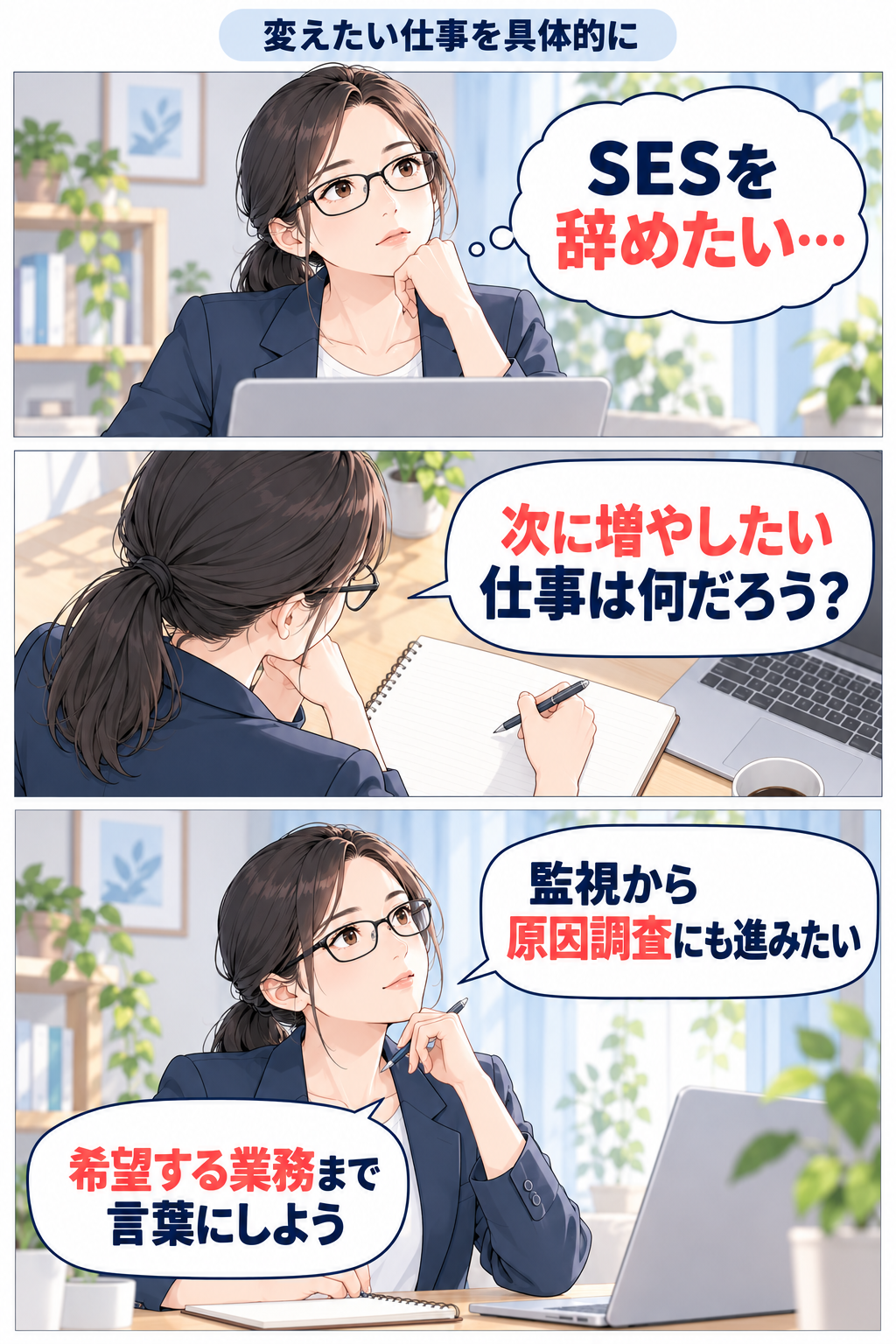 SESを辞めたい気持ちから、次に増やしたい担当業務を具体化する3コマ漫画
