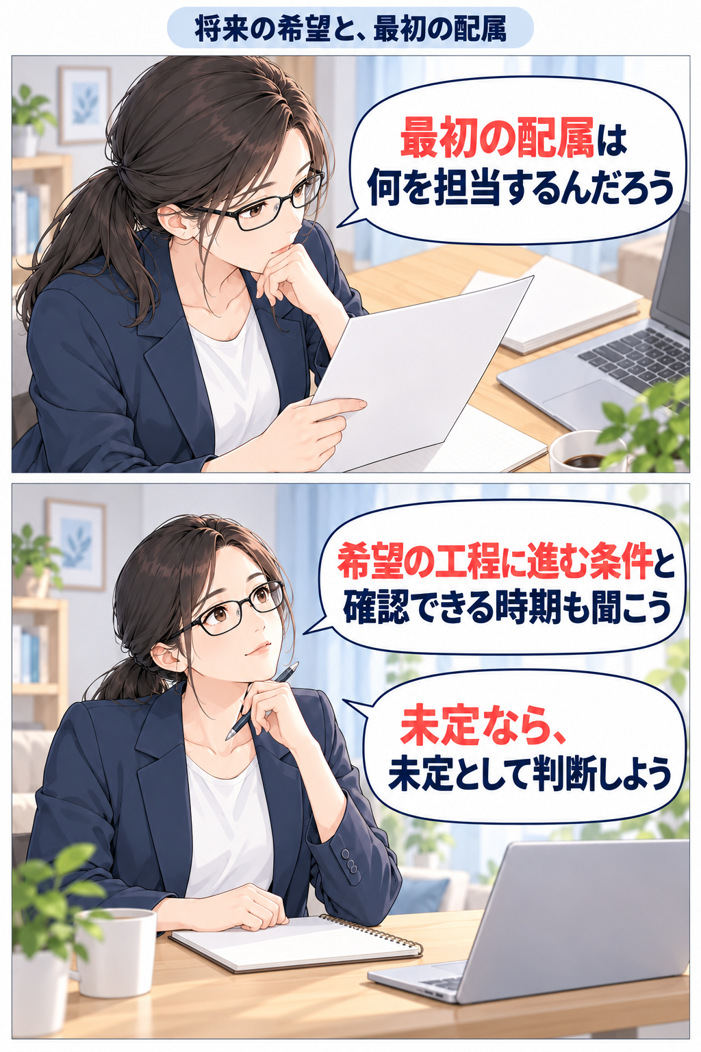 最初の配属と将来の希望工程を分けて、条件や確認時期を考える2コマ漫画